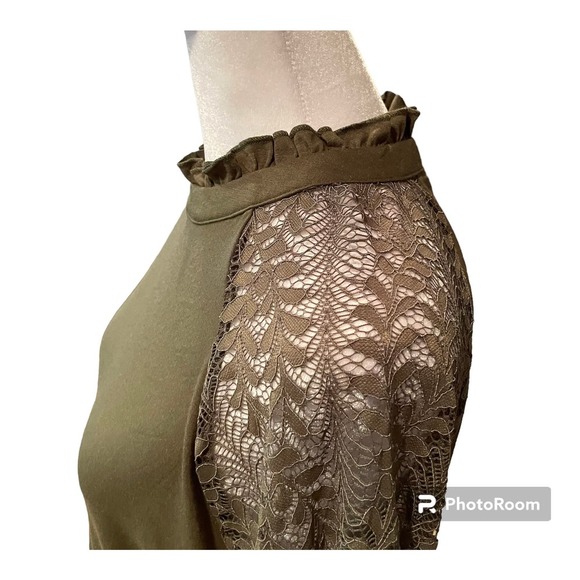 EXLURA Women’s Lace Tshirt Mini Dress Ruffle High Neck Lace Sleeve Swing Dress - Picture 3 of 6